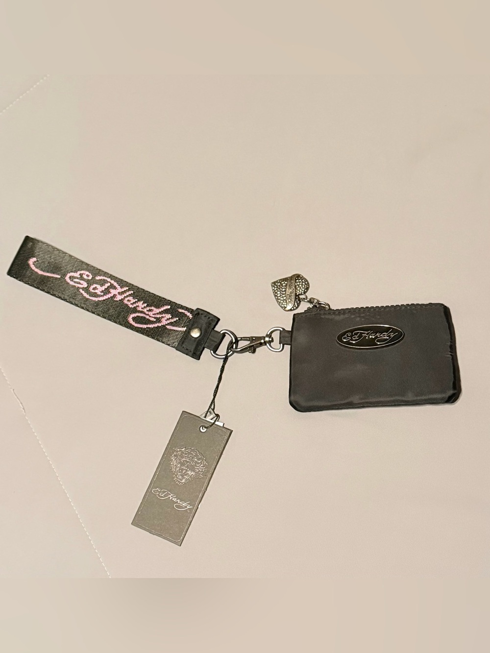 Ed Hardy Black Wristlet Card Holder with Pink Logo Strap
